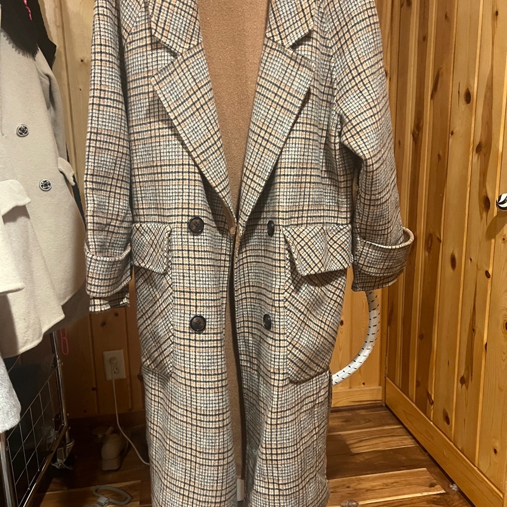 Womens Plaid Double-Breasted and Reversible  Long Coat - Beige Plaid and Brown